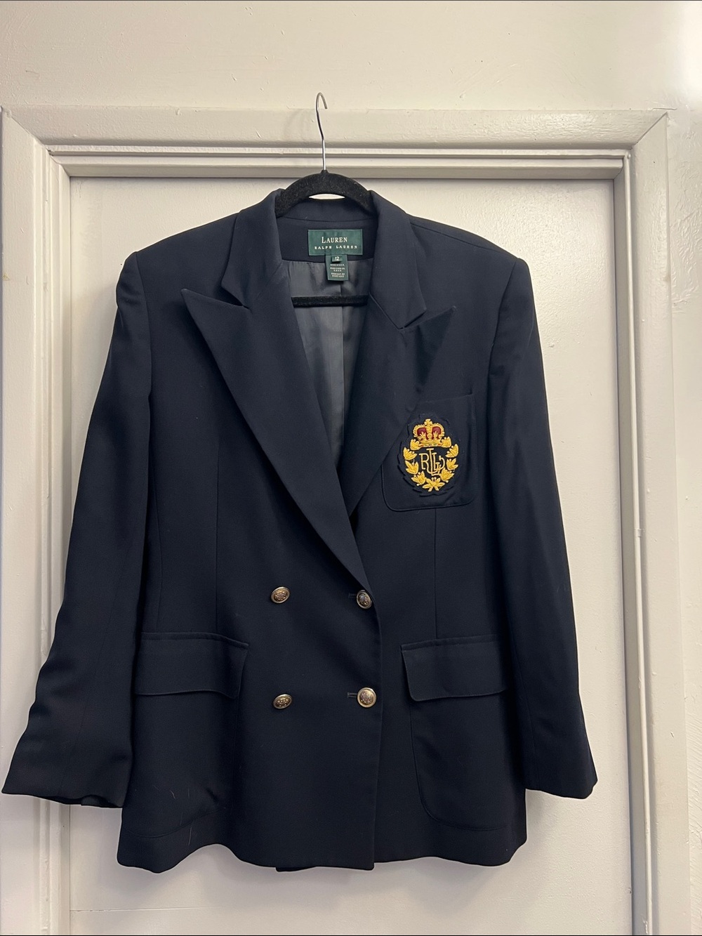 Lauren Ralph Lauren Navy Wool Double-Breasted Crest Patch Blazer Size 12